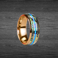 18K Rose Gold Ring Mens Wedding Band Opal Ring 8mm Tropical Blue Opal Ring with Abalone Shell Inlays Rose Gold Ring