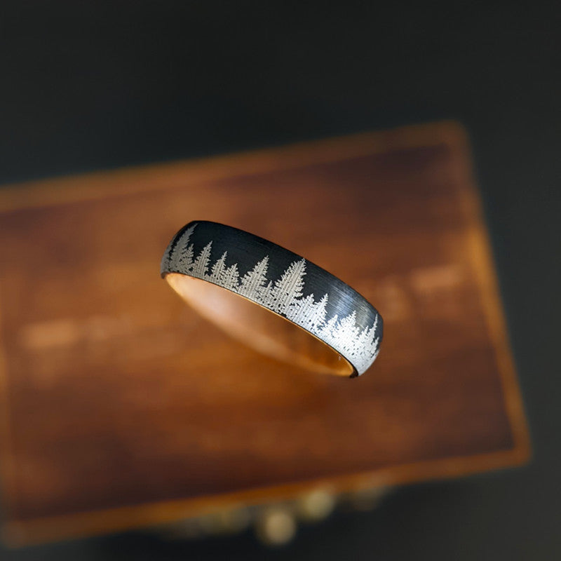 Thin Black Whiskey Barrel Ring Tungsten Wedding Band Womens Ring 6mm/8mm Nature Forest Tree Ring Womens Wedding Band Wood Rings for Couples