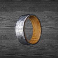 8mm Silver Whiskey Barrel Ring Mens Wedding Band Wood Ring Titanium Wedding Band Hammered Rings for Men