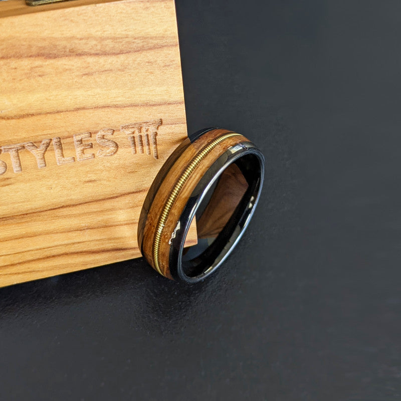 Black Whiskey Barrel Guitar String Ring Wood Wedding Band Tungsten Ring 8mm Whiskey Barrel Ring Men Wedding Band Guitar Ring Bourbon Wood Ring