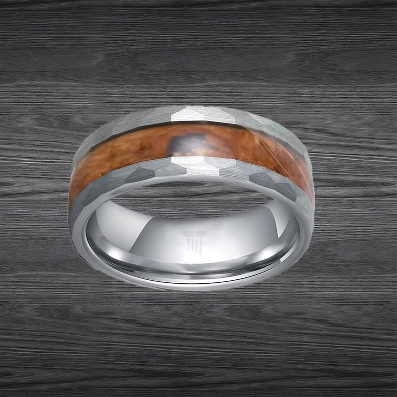 Silver Hammered Ring Wood Wedding Band Mens Whiskey Barrel Ring Tungsten Mens Wedding Band with Wooden Inlay 8mm Bourbon Whisky Rings for Men