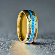 Blue Opal Ring 14K Gold Wedding Band Abalone Ring 8mm Yellow Gold Ring Mens Wedding Band Tungsten Ring with Opal Inlay