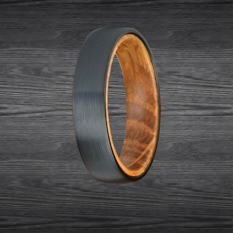 Unique Whiskey Barrel Rings for Men Black Tungsten Ring 6mm Recycled Whisky Bourbon Wood Rings Mens Wedding Band Wooden Couples Ring Set