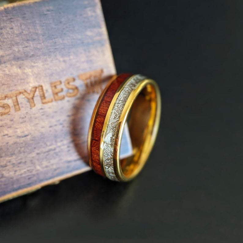 14K Gold Ring Mens Wedding Band Tungsten Ring - Meteorite Ring Wood Wedding Rings for Men