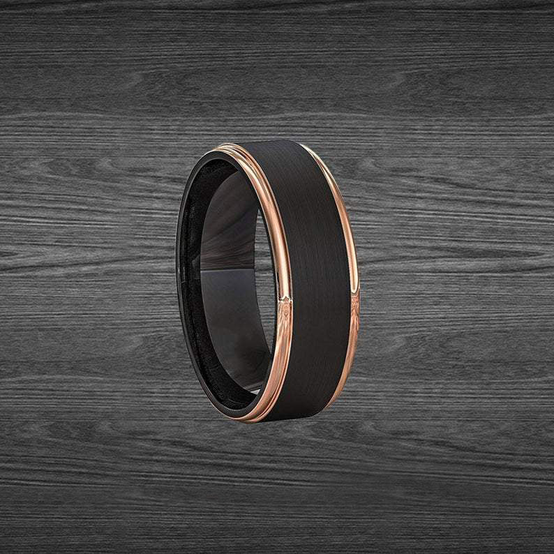 18K Rose Gold Ring Tungsten Wedding Band Black Ring with Step Edges 8mm Unique Mens Ring Durable Wedding Bands