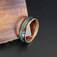 Rose Gold Ring Mens Wedding Band Blue Opal Ring with Koa Wood Inlays