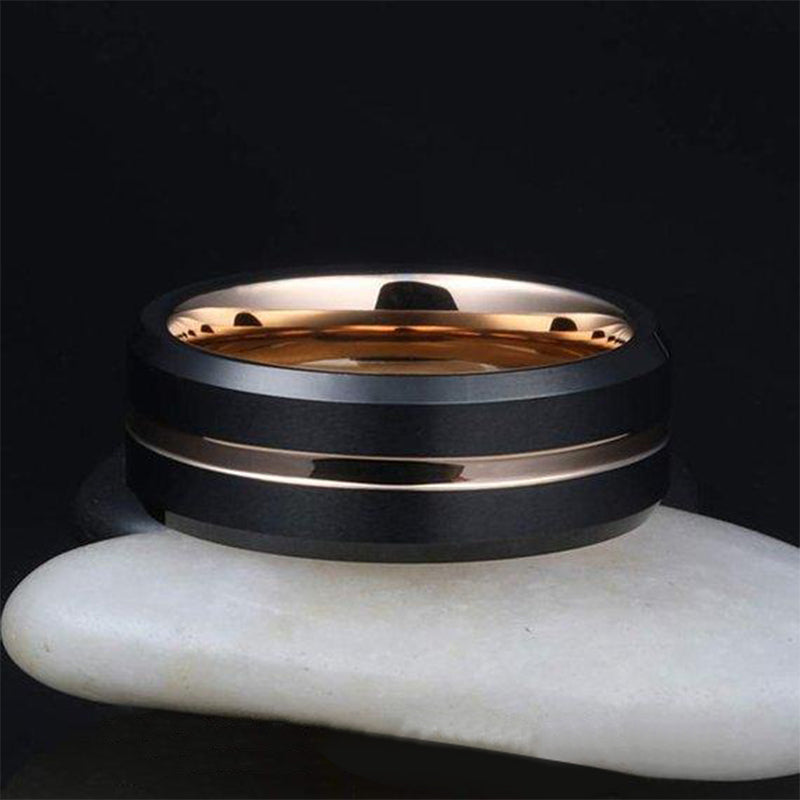 18K Rose Gold Wedding Band Black Tungsten Ring with Beveled Edges 8mm Unique Mens Ring