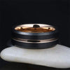 18K Rose Gold Wedding Band Black Tungsten Ring with Beveled Edges 8mm Unique Mens Ring