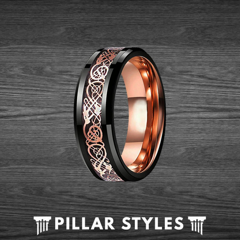 18K Rose Gold Ring Tungsten Wedding Band Celtic Ring Mens Wedding Band Viking Ring 8mm Unique Rose Gold Wedding Band for Men