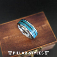 8mm/6mm Blue Opal Ring Mens Wedding Band Tungsten Ring - Thin Opal Wedding Band Couples Rings