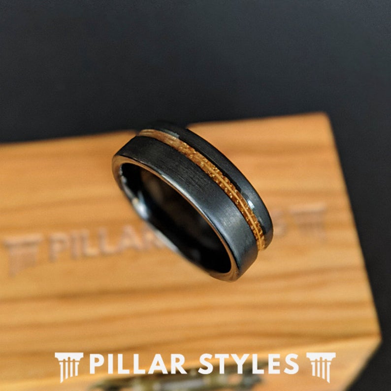 Black Whiskey Barrel Ring Mens Wedding Band Tungsten Ring Offset Inlay - Pillar Styles