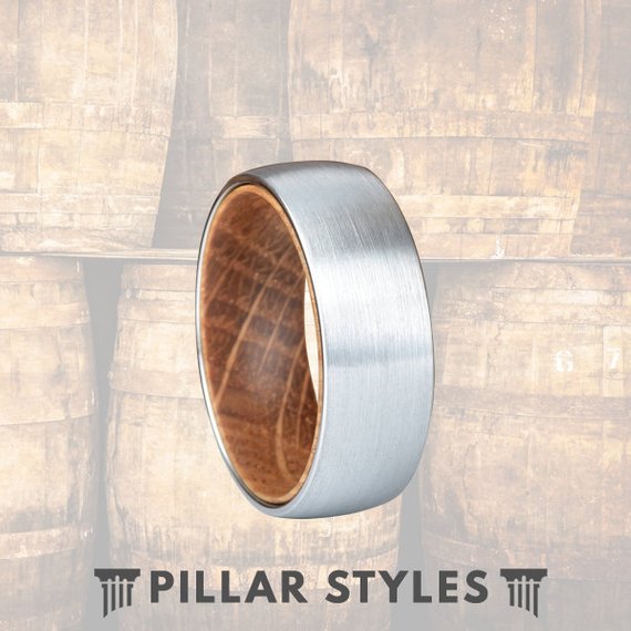Whiskey Barrel Wood Ring Silver Tungsten Wedding Band - Pillar Styles