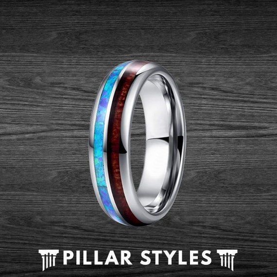 6mm Koa Wood and Blue Fire Opal Tungsten Wedding Bands - Pillar Styles