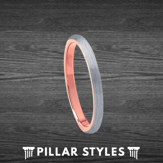 2mm Thin Rose Gold Ring Tungsten Womens Wedding Band - Pillar Styles