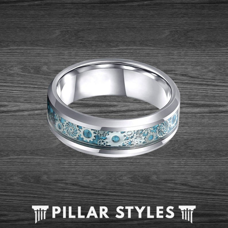 6mm Blue Steampunk Ring Tungsten Wedding Band Mens Ring - Carbon Fiber Gear Ring