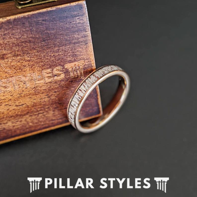 Antler & Rose Gold Wedding Band Tungsten Ring, 4mm Slim Rose Gold Ring with Deer Antler Inlay