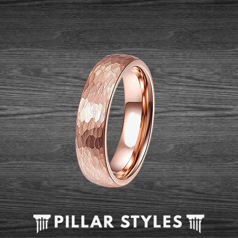 6mm Hammered Ring 18K Rose Gold Wedding Band Mens Ring Tungsten Wedding Bands - Pillar Styles