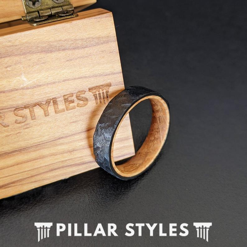 6mm Hammered Ring Whiskey Barrel Wedding Band Titanium Ring Mens Wedding Band Wood Ring Black Bourbon Barrel Rings for Men