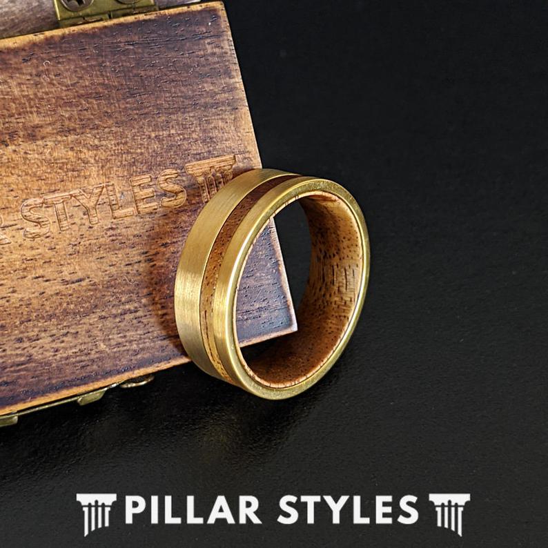14K Gold Ring with Koa Wood Offset Inlay - Tungsten Wood Rings for Men 8mm Wooden Ring