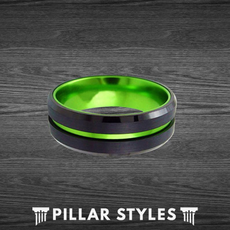 6mm Green Tungsten Ring Mens Wedding Band, Thin Green Line Mens Ring - Pillar Styles