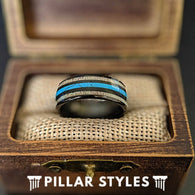 Mens Turquoise Ring Black Tungsten Wedding Band Mens Ring, 8mm Deer Antler Ring with Turquoise Inlay - Pillar Styles