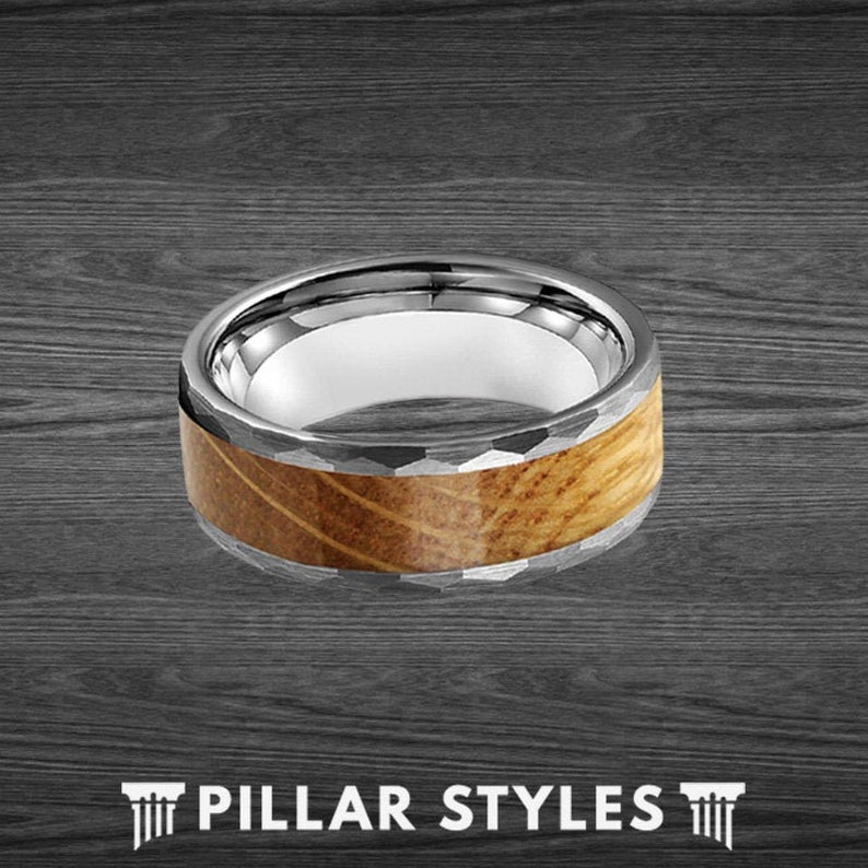 Silver Whiskey Barrel Ring Mens Wedding Band Tungsten Ring 8mm Unique Wood Ring Hammered Wedding Band Mens Ring