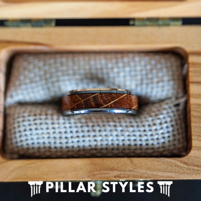 6mm Whiskey Barrel Ring Mens Wedding Band Tungsten Ring - Thin Wooden Ring Beveled Whiskey Rings for Men