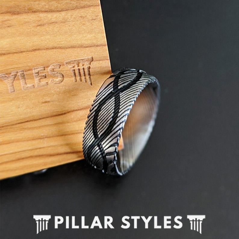 Damascus Steel Ring Silver Mens Wedding Band Infinity Ring 8mm Wood Grain Damascus Ring