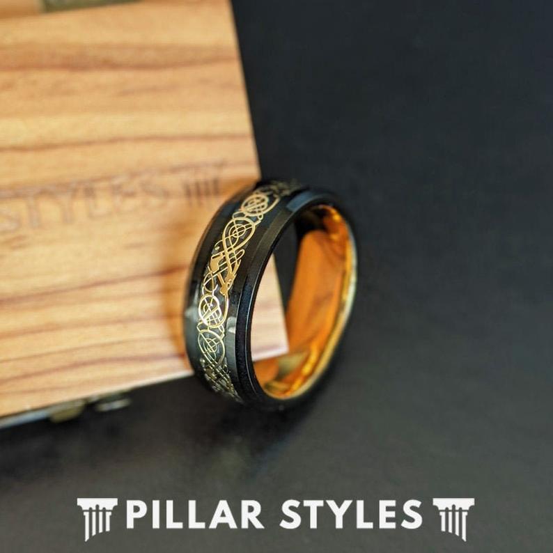 14K Gold Ring Mens Wedding Band Viking Ring - Black & Yellow Gold Wedding Band Celtic Ring