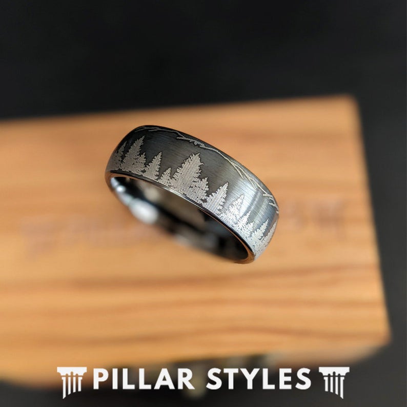 Gunmetal Gray Mountain Ring Mens Wedding Band Tungsten Ring - 8mm Dark Silver Forest Tree Rings for Men Unique Anniversary Gifts