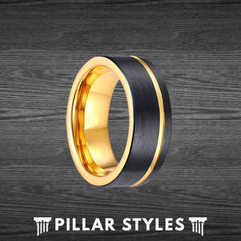 14K Yellow Gold Ring Mens Wedding Band Black and Gold Wedding Band Tungsten Rings