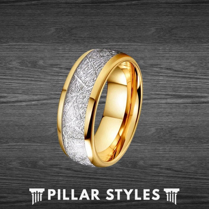 8mm Yellow Gold Wedding Band Mens Ring - 14K Gold Ring Meteorite Wedding Bands for Men