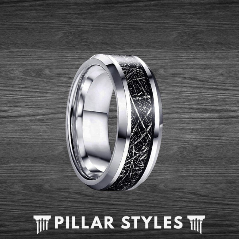 8mm Silver Meteorite Ring Mens Wedding Band Tungsten Ring with Beveled Edges Black Space Rock Ring Meteorite Engagement Rings