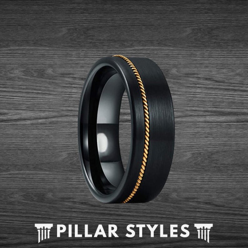 Brushed Black Guitar Ring for Musicians 8mm Guitar String Ring Tungsten Wedding Band Mens Ring