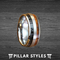 8mm Gabon Ebony and Koa Wood Ring Mens Wedding Band Titanium Ring - Unique Silver Rings for Men