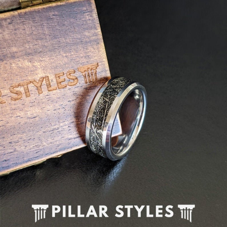 Black Meteorite Ring Mens Wedding Band Tungsten Ring - 8mm Meteorite Wedding Bands for Men Unique Nebula Ring Sizes 6-14