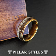 14K Gold Ring Hawaiian Koa Wood Ring Mens Wedding Band Tungsten Deer Antler Ring with Arrow Inlay Rustic Mens Ring Sizes 6-16