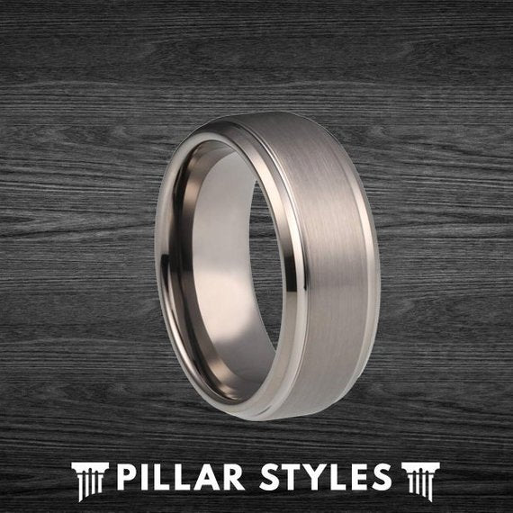 8mm/6mm Gunmetal Gray Tungsten Wedding Band with Step Edges - Pillar Styles