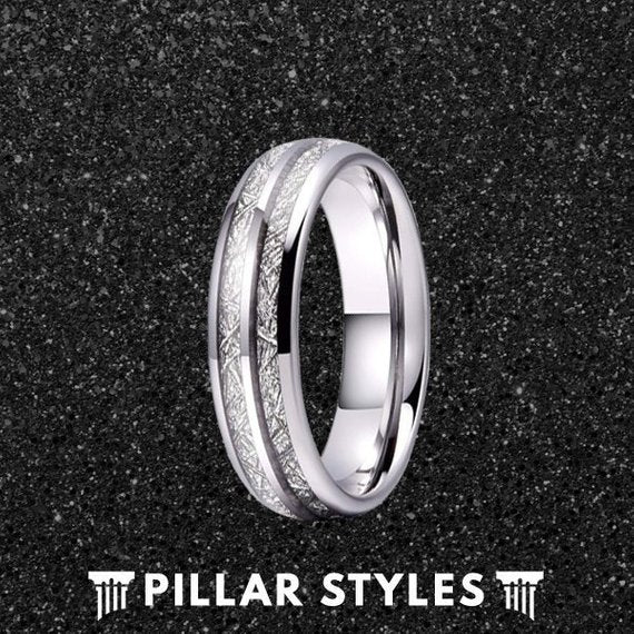 Dual Silver Meteorite Ring Mens Wedding Band - Pillar Styles