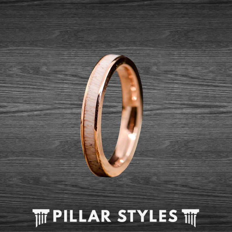 18K Rose Gold Ring Deer Antler Wedding Band Tungsten Ring - 4mm Thin Antler Ring