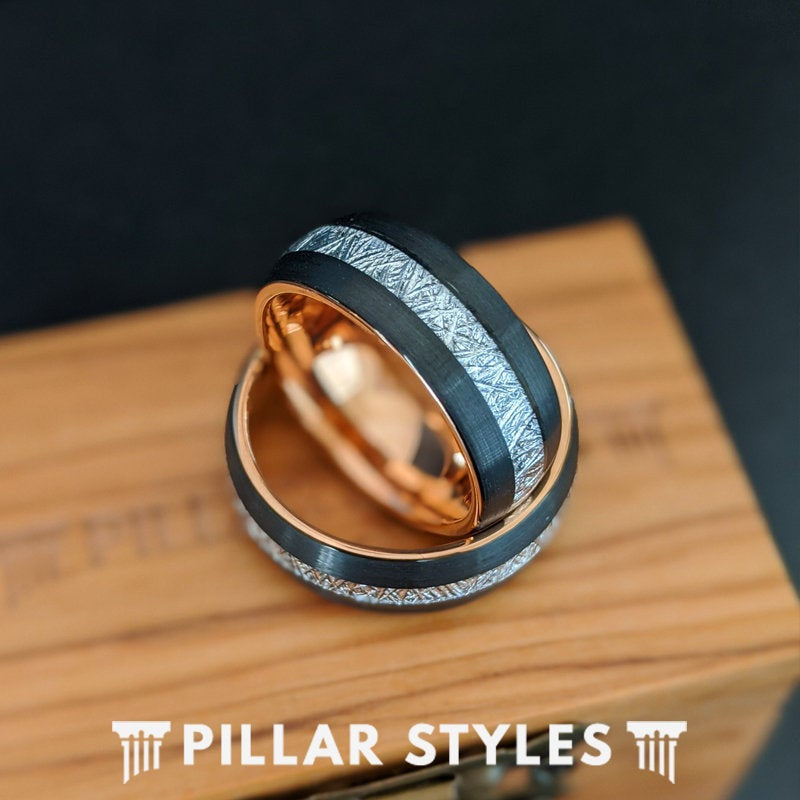 18K Rose Gold Meteorite Ring Mens Wedding Band Tungsten Ring - Meteorite Wedding Band Mens Ring - Pillar Styles