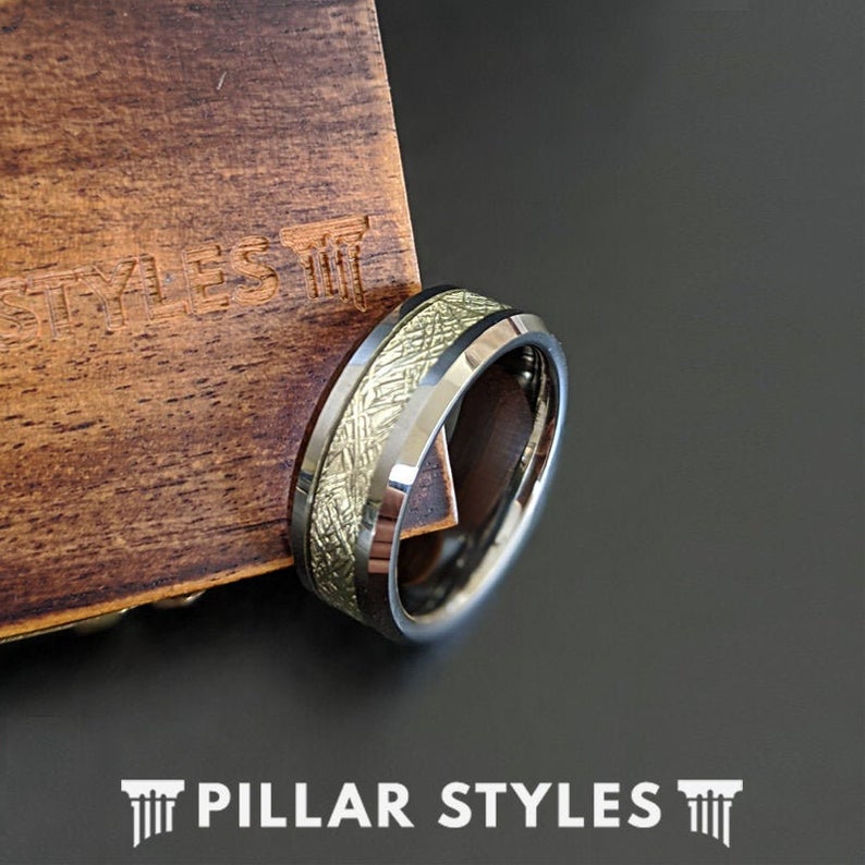 Silver Meteorite Ring with Beveled Edges Meteorite Wedding Band Mens Tungsten Ring - Pillar Styles