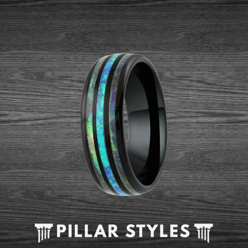 Green Opal Ring Mens Wedding Band Tungsten Ring Black Opal Wedding Band Abalone Ring