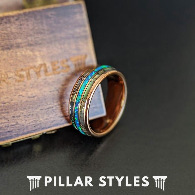 18K Rose Gold Ring Blue Opal Wedding Band with Abalone Shell - Rose Gold Wedding Band Mens Ring