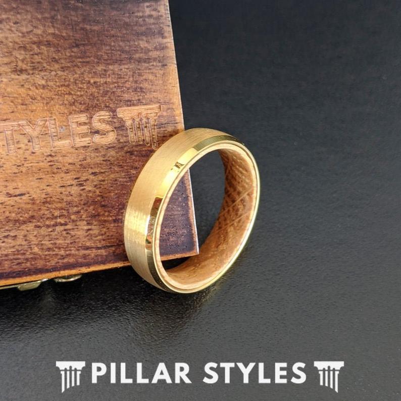 Thin 14K Gold Ring 6mm Tungsten Whiskey Barrel Ring Mens Wedding Band Wooden Ring For Him