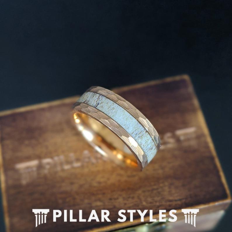Deer Antler Ring Rose Gold Wedding Band Tungsten Ring - 8mm Hammered Ring Tungsten Wedding Band Mens Ring
