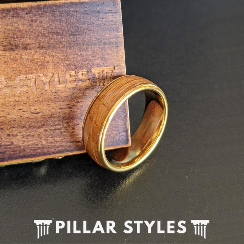 14K Gold Ring Mens Wedding Band Whiskey Barrel Ring - 8mm Yellow Gold Tungsten Ring with Wood Inlay Rustic Bourbon Barrel Rings for Men