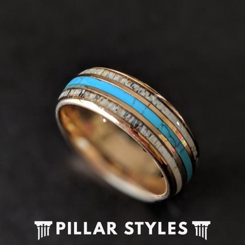 14K Rose Gold Ring with Turquoise & Antler Inlay Mens Wedding Band - Pillar Styles
