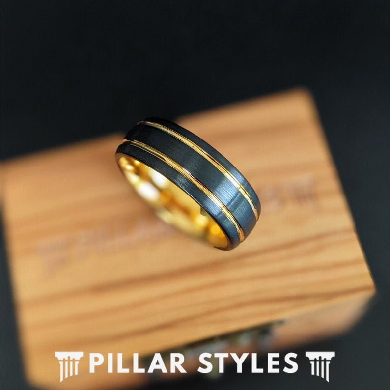 14K Gold Wedding Band Tungsten Ring - 8mm Black Ring Mens Wedding Band Yellow Gold Ring