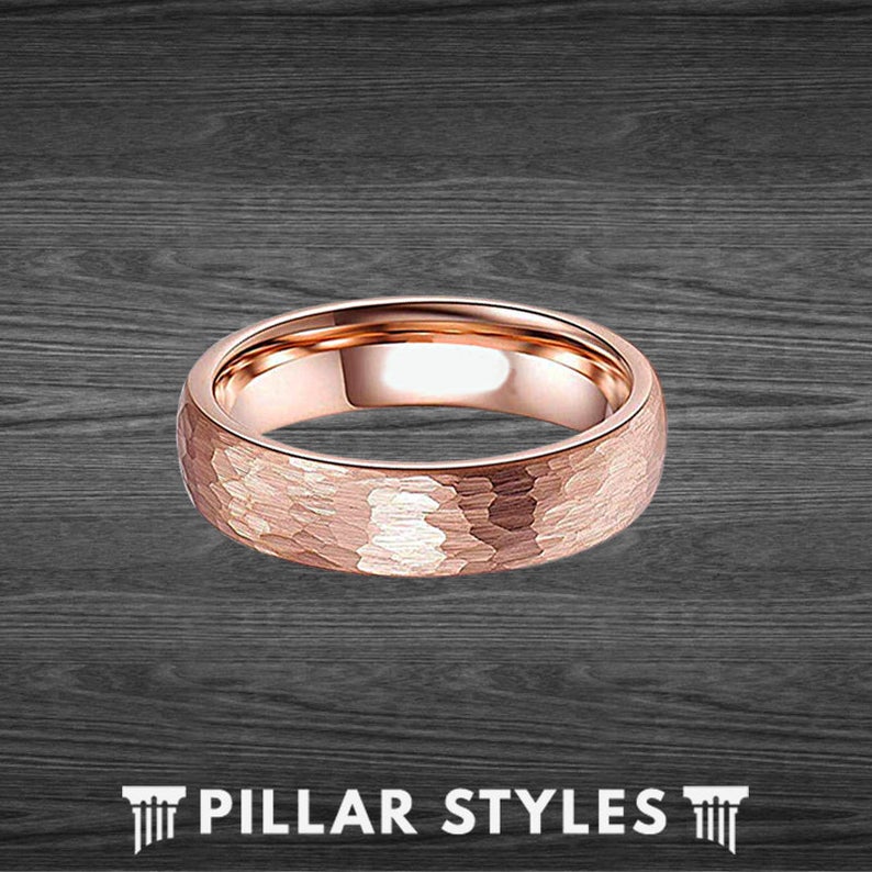4mm Thin Rose Gold Ring Womens Wedding Band Hammered Ring - Pillar Styles